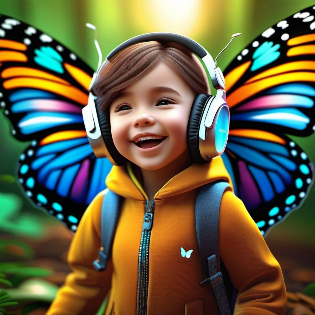 A cute little girl smiling, stress free, listening to music, butterfly in the background